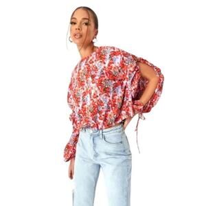 MISSGUIDED Open Balloon Sleeve Purple Floral Blouse Size 4 NWT